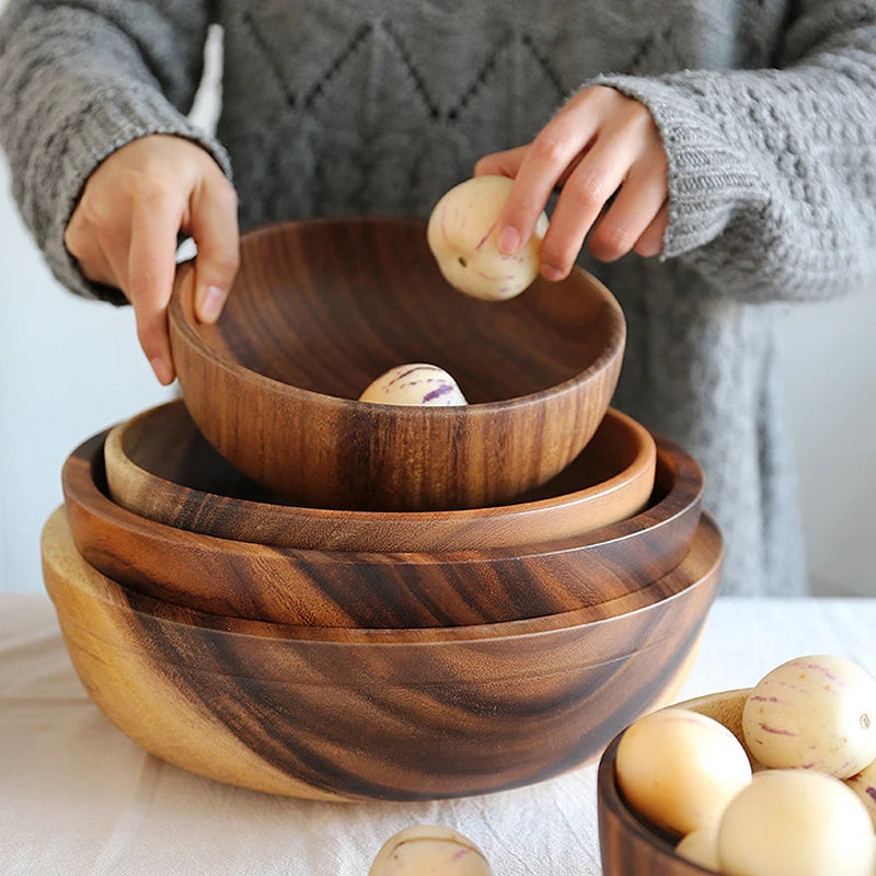 Tigela de madeira de acácia estilo japonês, utensílios de mesa de madeira para uso doméstico e bacia, prato de frutas, salada, tigela inteira de sopa de madeira