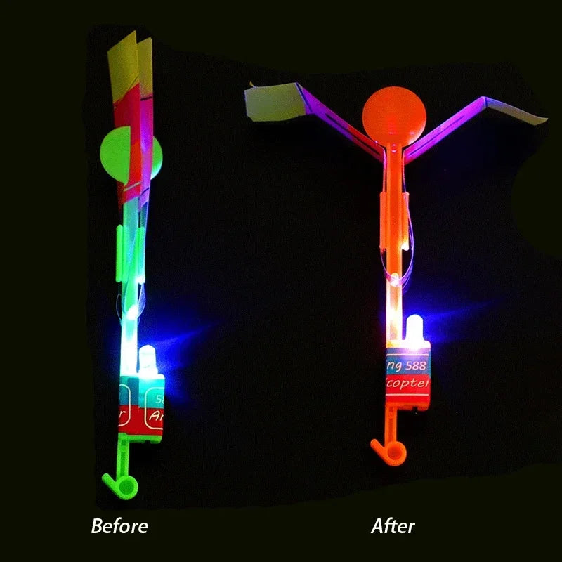Incrível luz LED, brinquedo de helicóptero voando, luz LED, borracha catapulta, presente divertido, festa, 1, 3, 5, 10, 20, 50, 100pcs
