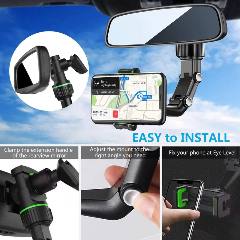Apoio de telefone celular em espelho retrovisor, 360 ° giratório, para todos os carros