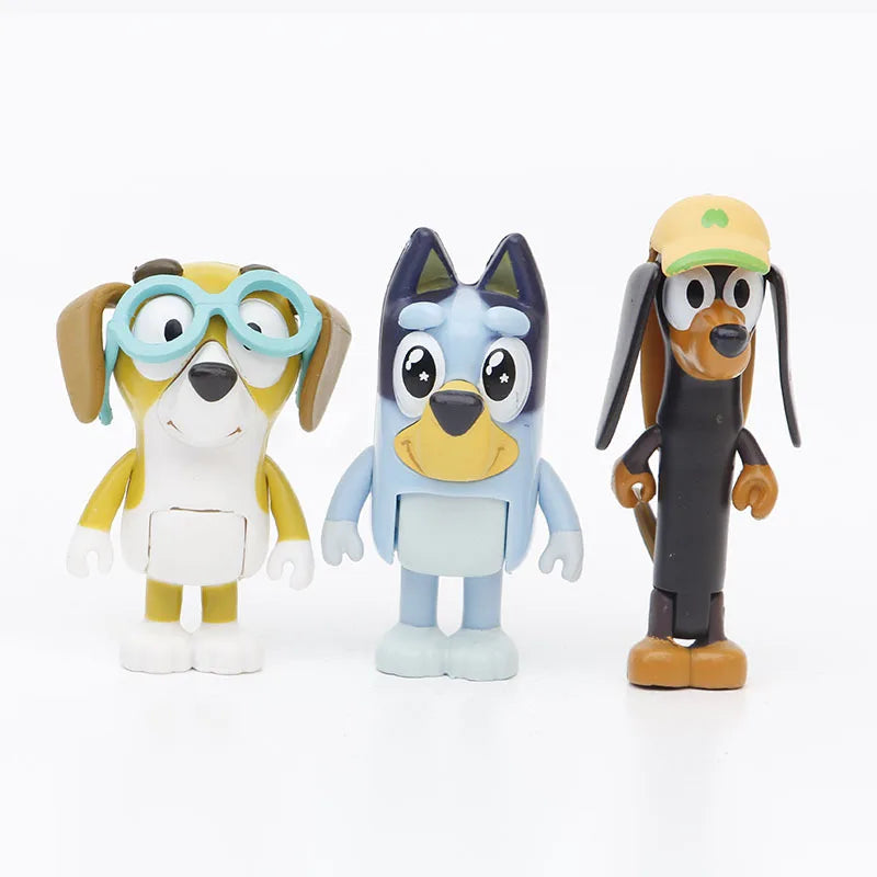Conjunto de brinquedos modelo de PVC Bluey Bingo-Mini para crianças, boneca de articulações móveis, ornamentos de desenhos animados, feriados, presentes de Natal, brinquedos infantis, 8 peças, 12 peças