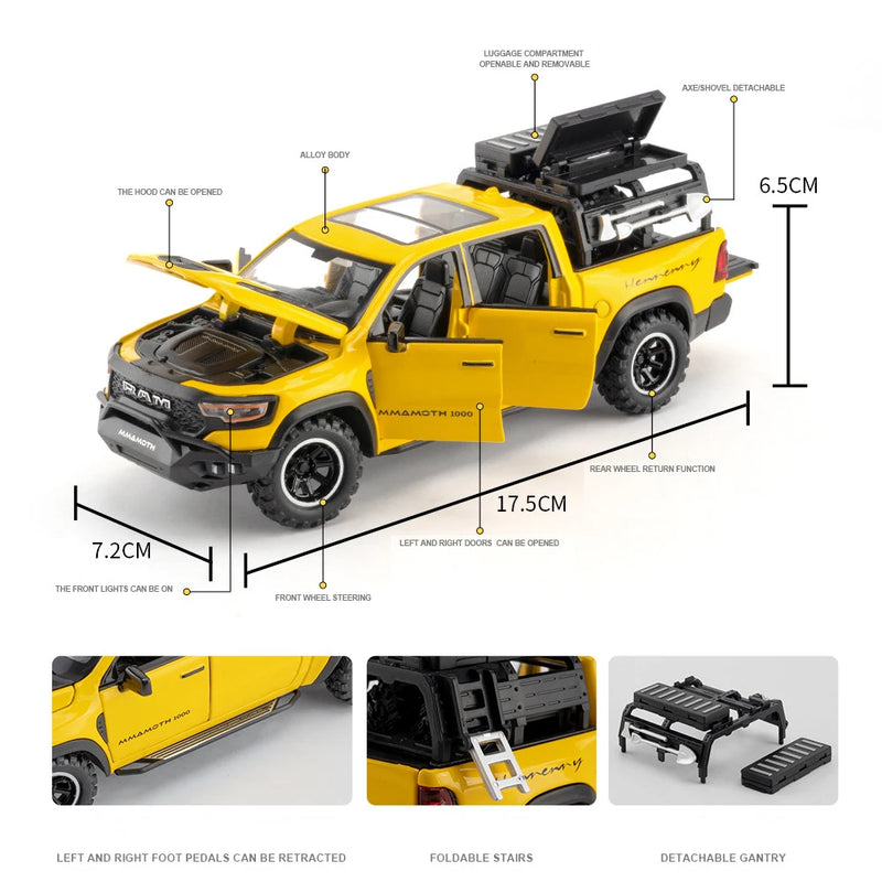 Modelo de carro captador de liga DODGE-Mamute 1000 TRX, metal fundido, veículo off-road, simulação de luz e luz, presente para crianças, 1:32