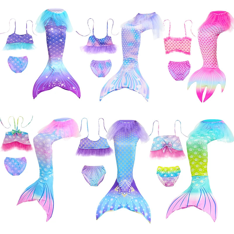 Conjunto de 3 Peças de Fantasia de Sereia para Meninas - Maiô Infantil para Festa na Piscina e Cosplay (4 a 13 anos)