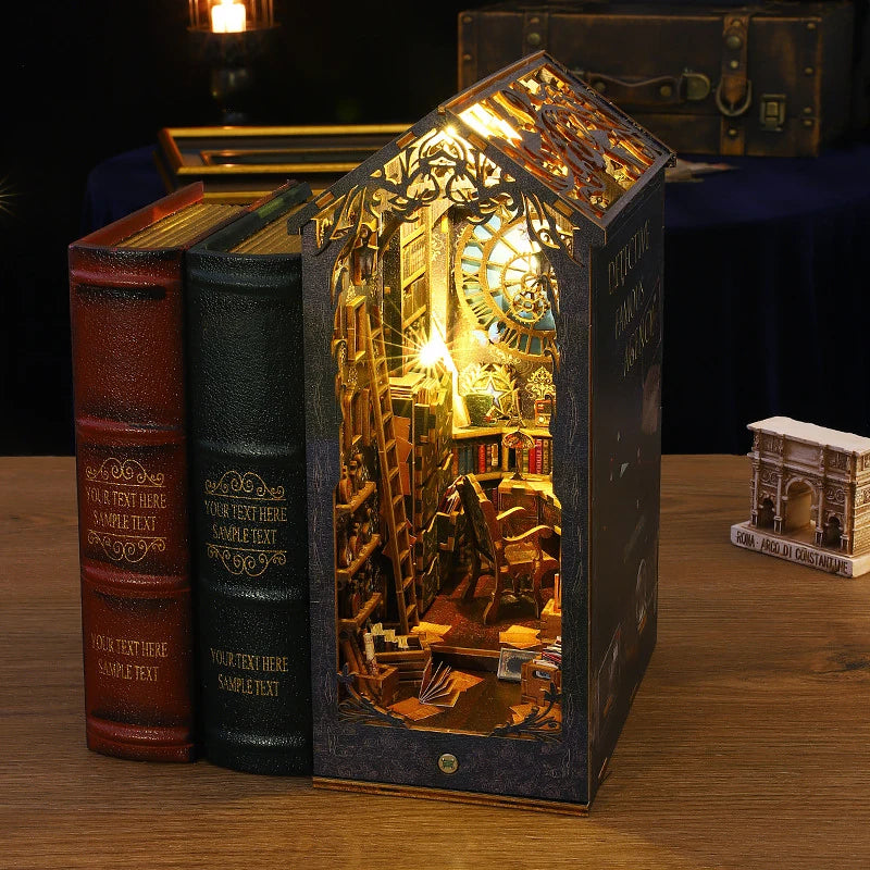 Casa de bonecas em miniatura com luz LED, Modelo 3D, Miniatura decorativa de madeira para estantes, Presente de aniversário