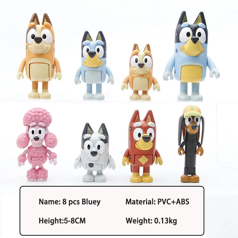 Conjunto de brinquedos modelo de PVC Bluey Bingo-Mini para crianças, boneca de articulações móveis, ornamentos de desenhos animados, feriados, presentes de Natal, brinquedos infantis, 8 peças, 12 peças