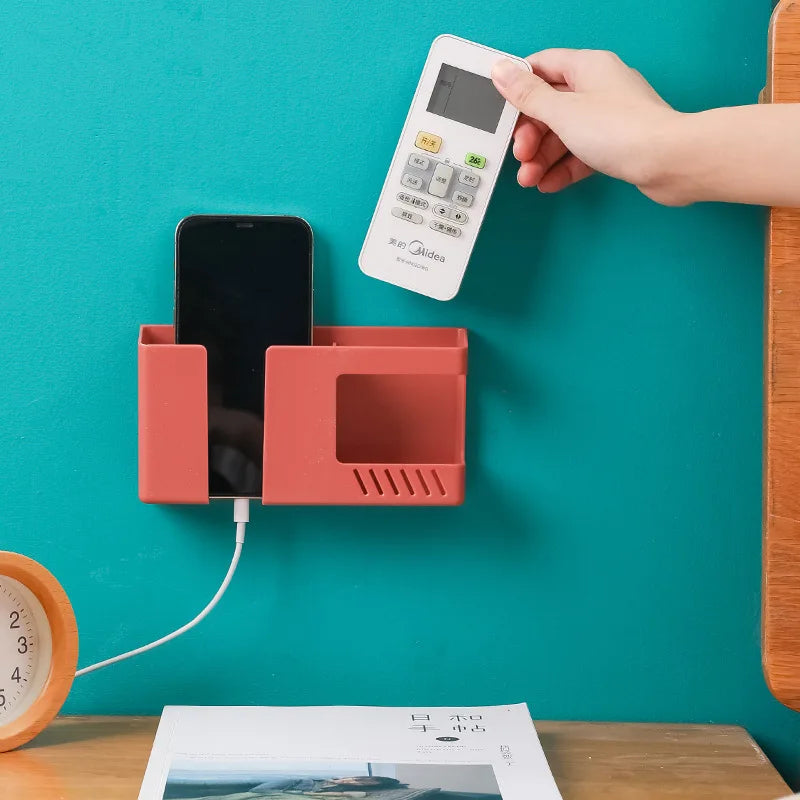 Organizador de controle remoto e telefone móvel, Suporte de parede, com espaço para carregador de celular, 2 em 1