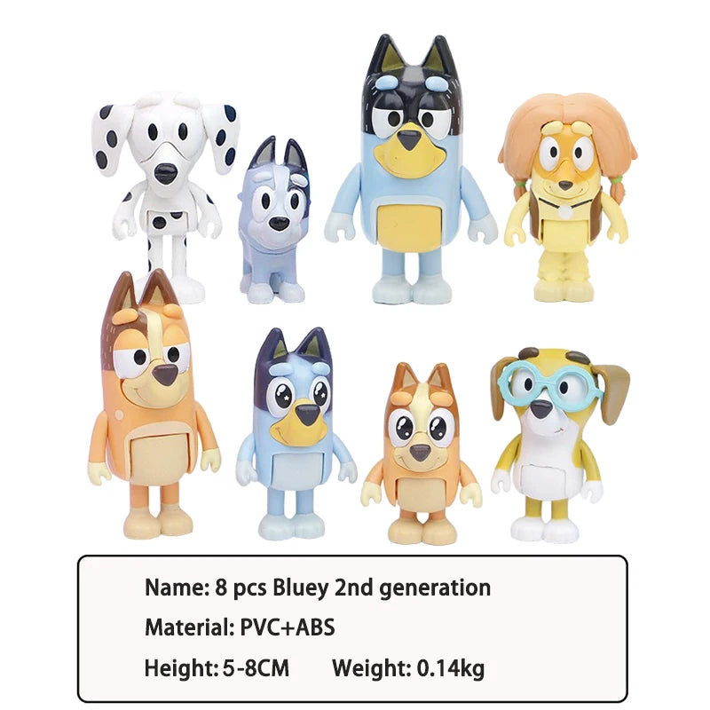 Conjunto de brinquedos modelo de PVC Bluey Bingo-Mini para crianças, boneca de articulações móveis, ornamentos de desenhos animados, feriados, presentes de Natal, brinquedos infantis, 8 peças, 12 peças