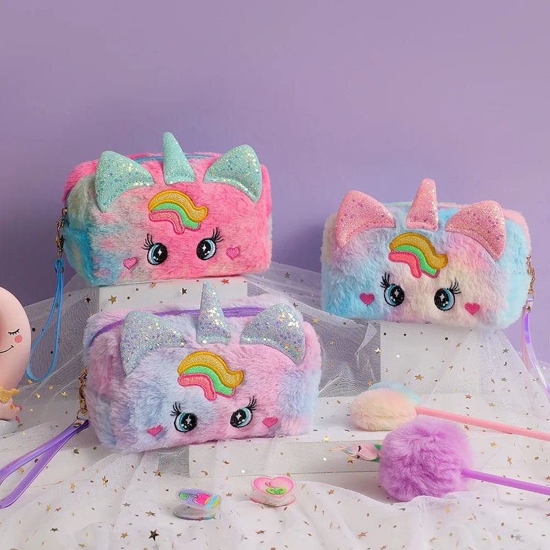 Estojo de Lápis de Pelúcia Fofo com Unicórnio – Estojo Estético Kawaii para Meninas e Crianças com Grande Capacidade