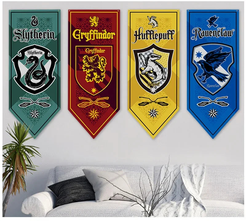 Bandeira temática Harry Potter, filme de Hogwarts, decoração de festa interior, brinquedos infantis presentes, Sonserina, Grifinória, Lufa-Lufa, Corvinal