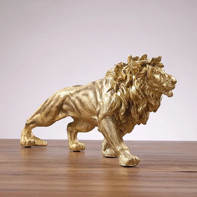 Leão king dourado de resina, ornamento de decoração para casa, escritório, estátua de animal, acessórios de decoração para sala de estar