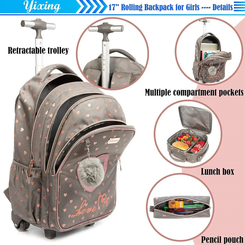 Conjunto de Mochila Escolar com Rodinhas para Meninas