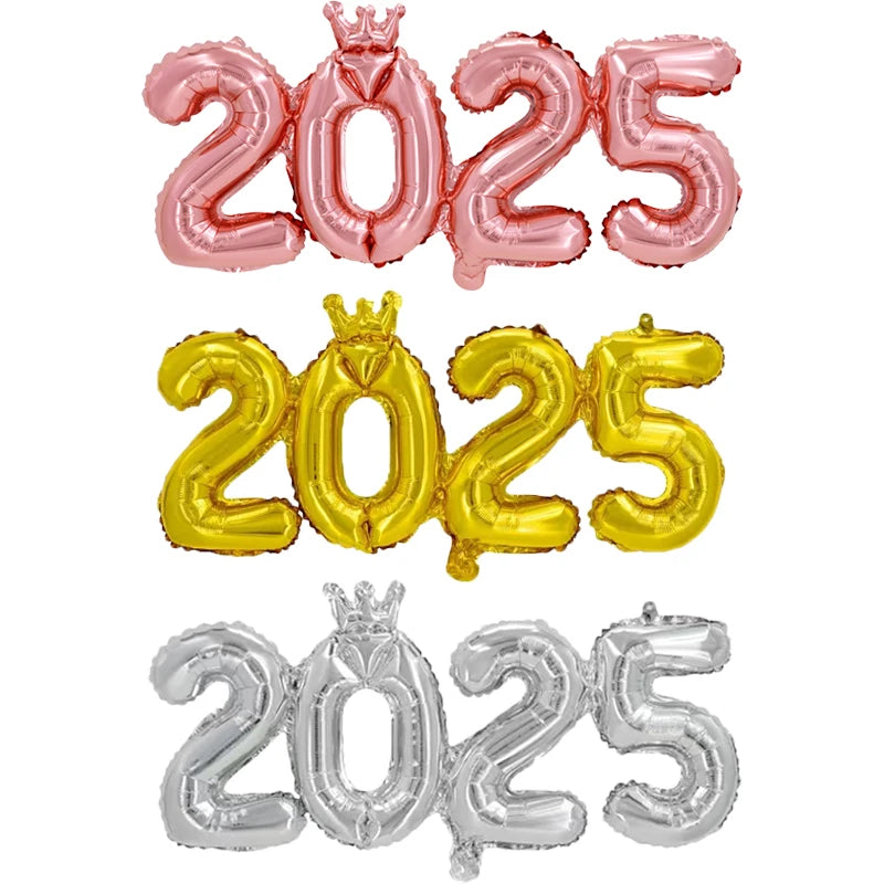Balão  Número 2025 com Coroa Conectada de 16 Polegadas – Decoração de Ano Novo 2025