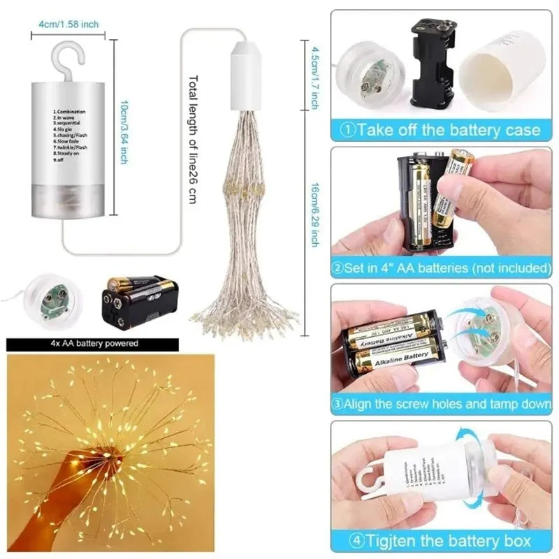 Decorações de Natal - Luminária Dandelion Fogos de Artifício com Luzes LED de Festão, 200 LEDs, Controle Remoto, Cordão de Luzes com 8 Modos