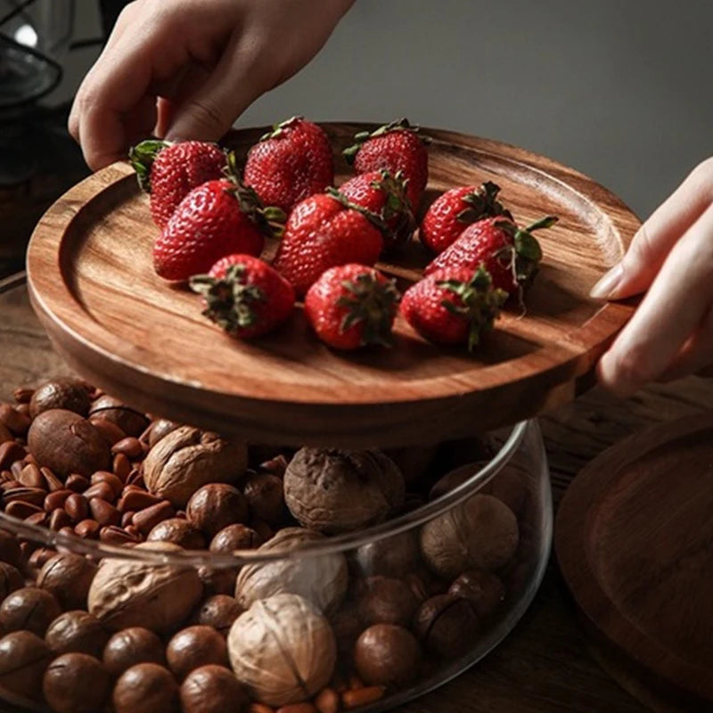 Recipientes criativos de vidro para armazenamento de alimentos, com tampa de madeira, lanche, frutas, doces, nozes, organizador de armazenamento de artigos diversos para cozinha