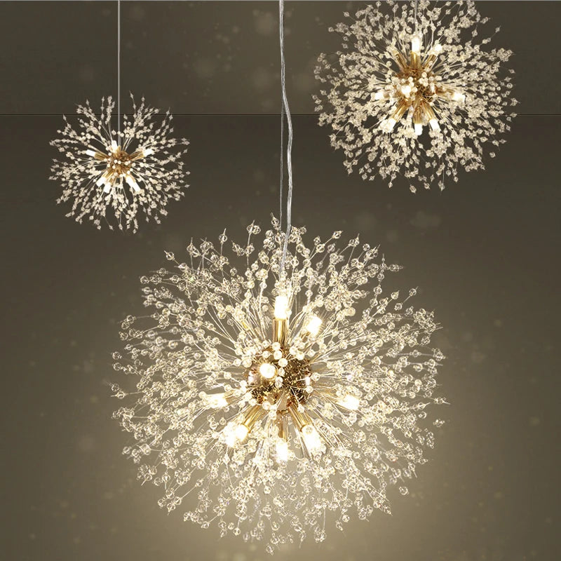 Lustre de cristal de estrela moderno, iluminação LED dente de leão, restaurante, sala estar, luminária dinamarquesa