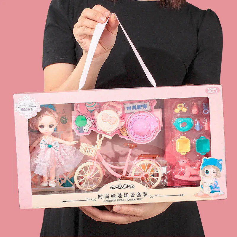 Conjunto completo móvel de brinquedos diy para meninas, bolsa de princesa, pet shop, bicicleta comum, aniversário e presentes de natal para crianças, boneca bjd