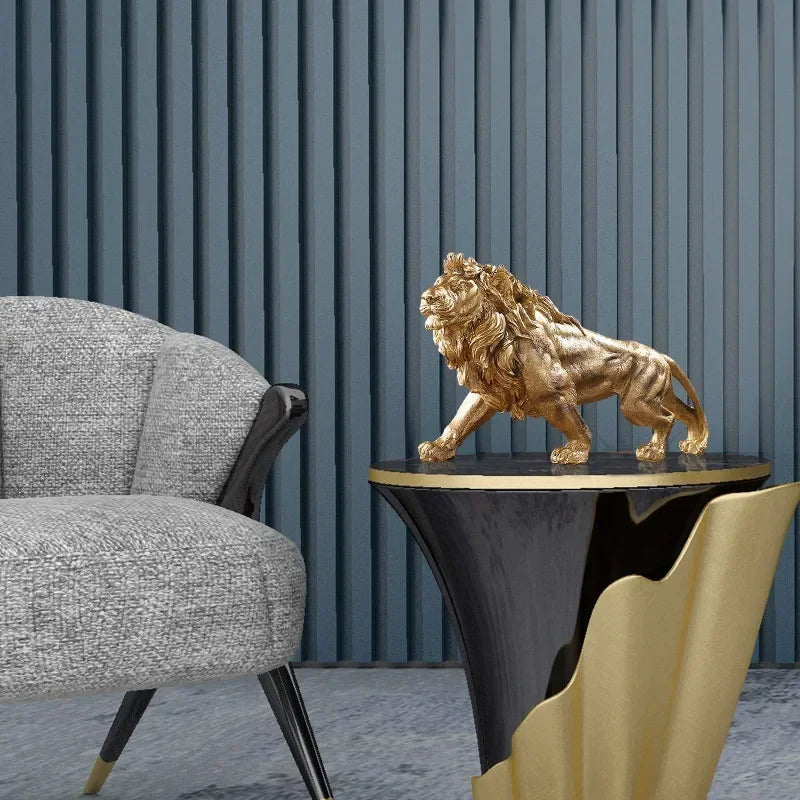 Leão king dourado de resina, ornamento de decoração para casa, escritório, estátua de animal, acessórios de decoração para sala de estar