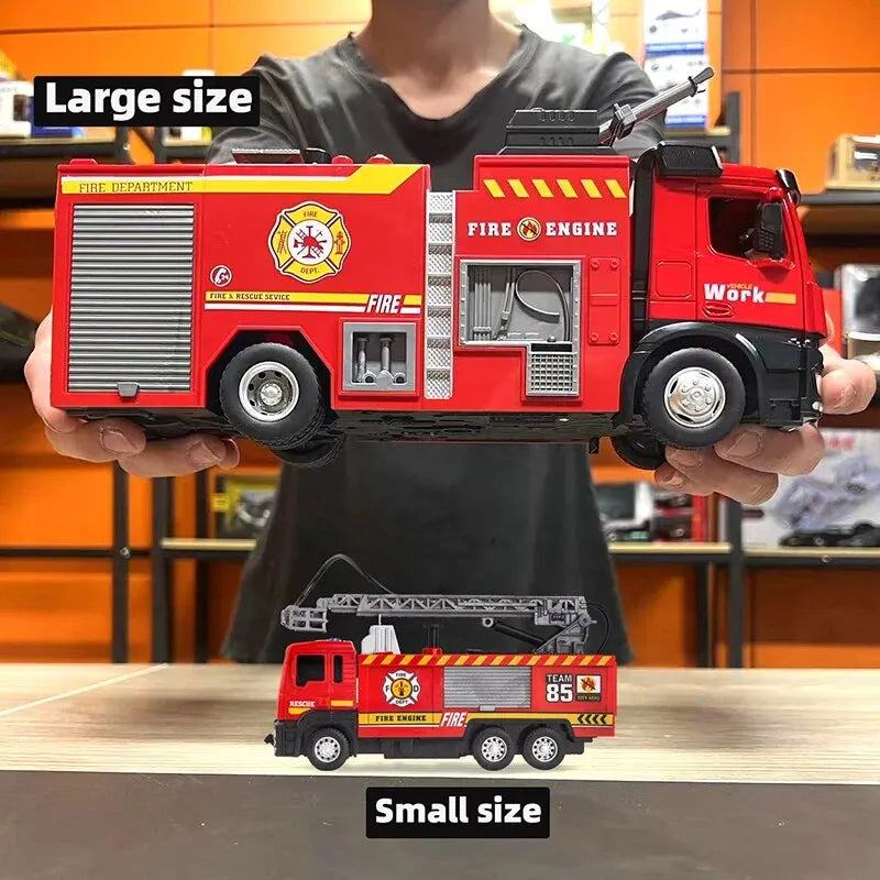 Caminhão de bombeiros fundido de metal, caminhão de bombeiros de brinquedo com pulverização de água com som e luz simulados, resgate retrátil