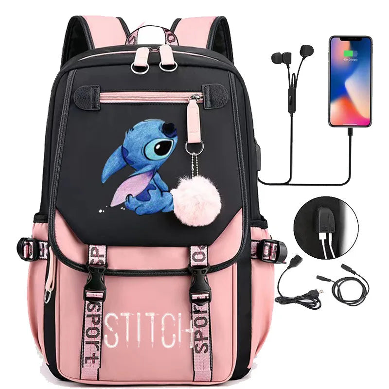 Mochila Escolar Disney Lilo & Stitch – Mochila com Carregamento USB para Meninos e Meninas