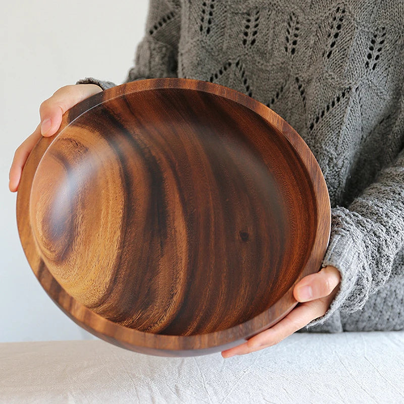 Tigela de madeira de acácia estilo japonês, utensílios de mesa de madeira para uso doméstico e bacia, prato de frutas, salada, tigela inteira de sopa de madeira