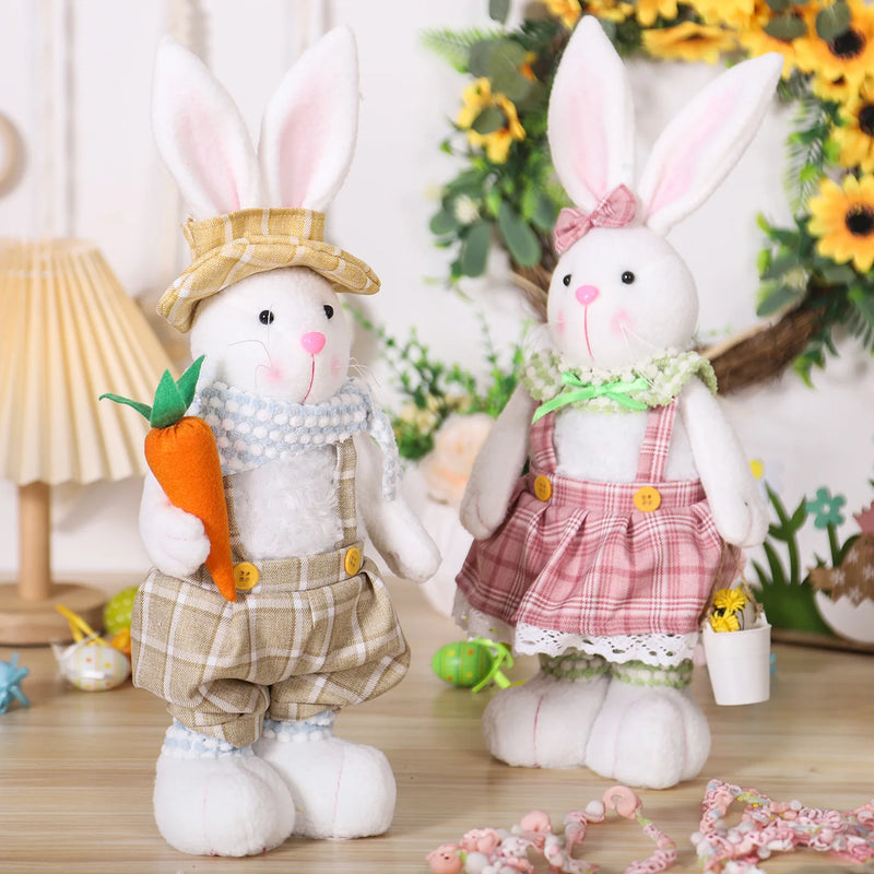 Coelho Decorativo de Páscoa – Pernas Retráteis, Estilo Cartoon, Casal de Coelhinhos com Roupas