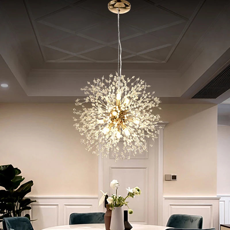 Lustre de cristal de estrela moderno, iluminação LED dente de leão, restaurante, sala estar, luminária dinamarquesa