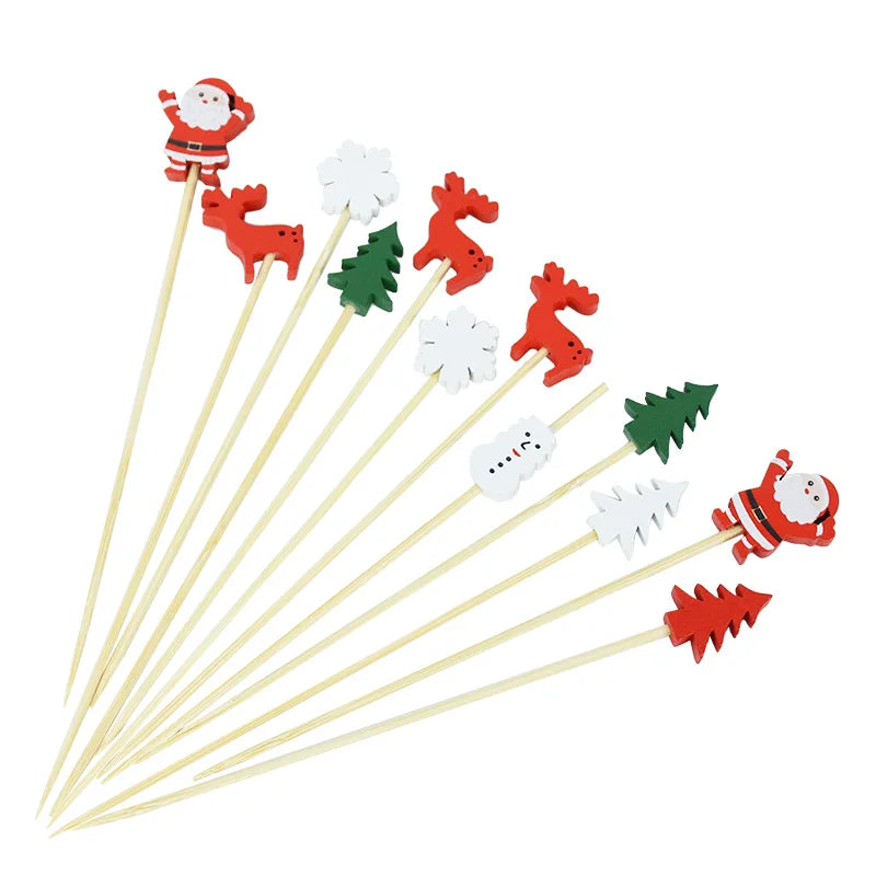 50 Palitos de Bambu Natalinos – Palitos Decorativos de Papai Noel para Doces, Buffet, Salada de Frutas e Decoração de Festas de Natal e Ano Novo