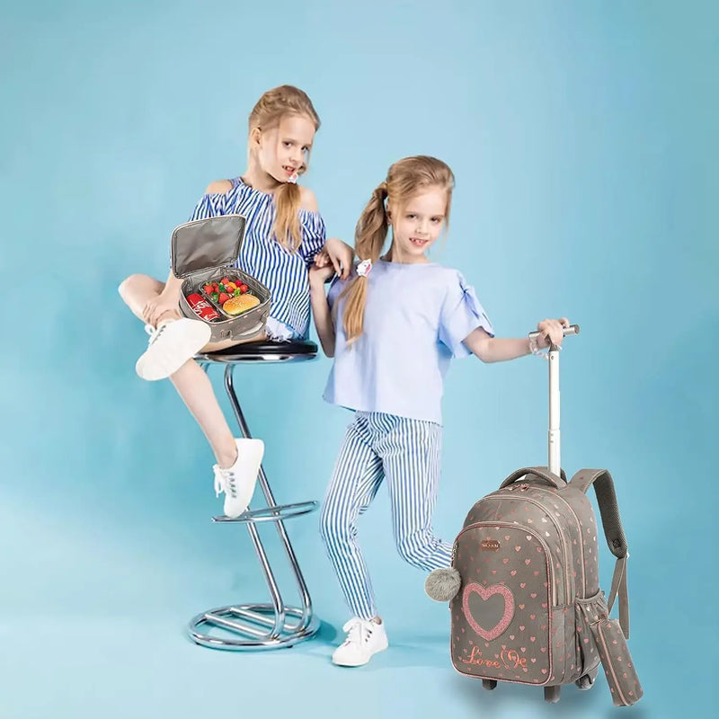Conjunto de Mochila Escolar com Rodinhas para Meninas