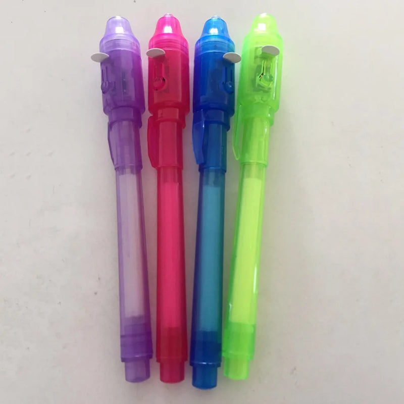 Conjunto com 4 Canetas Luminosas - Caneta Mágica Roxa 2 em 1 com Luz UV e Tinta Invisível, Brinquedo Educativo para Crianças, Ideal para Aprender e Desenhar