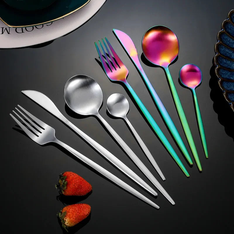 Louça de aço inoxidável, preto, dourado, faca, garfo de frutas, colher, talheres, utensílios de cozinha, 30pcs