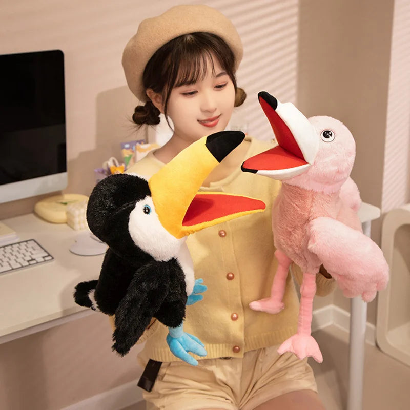 Brinquedo de pelúcia para bebê, boneca macia, papagaio, coruja, águia, flamingo, pavão, copaly, brinquedos educativos, fantoche de dedo