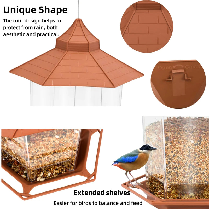Alimentador Automático para Pássaros – Suspenso, Múltiplos Acessos, Design Gazebo à Prova d'Água