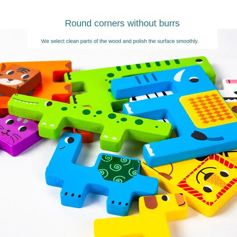 Jogo de madeira Tangram Math Cube para crianças, 3D Cartoon Puzzle, formas de imaginação, brinquedo educativo para crianças, pré-escolar, novo
