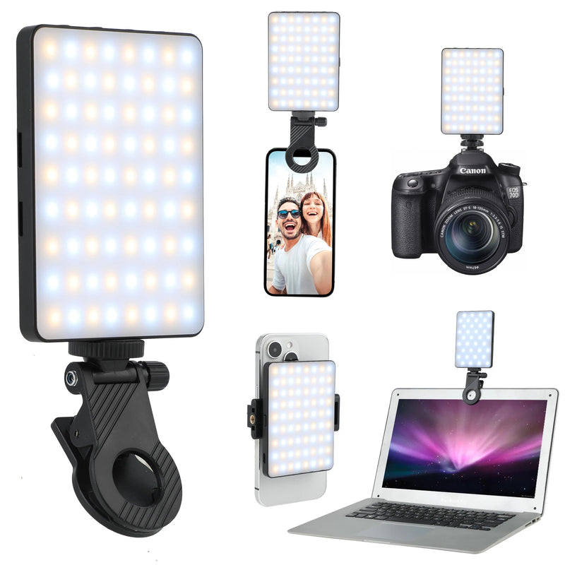 Luz de Selfie LED com Clipe Frontal e Traseiro – 72 LEDs, 3 Modos de Luz, Recarregável, Compatível com Celular, Câmera e Notebook