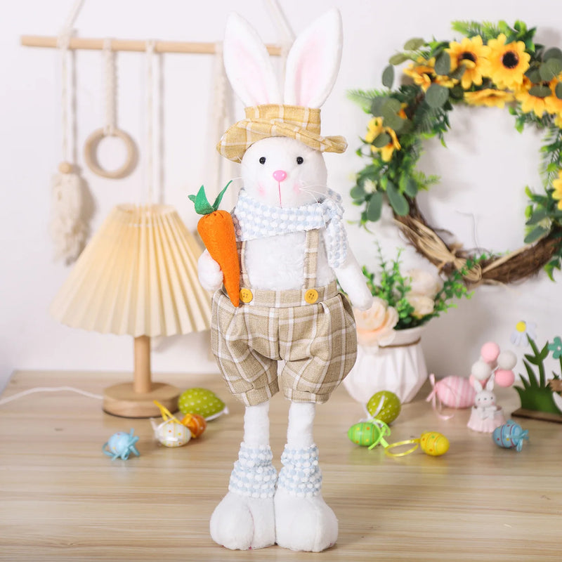 Coelho Decorativo de Páscoa – Pernas Retráteis, Estilo Cartoon, Casal de Coelhinhos com Roupas