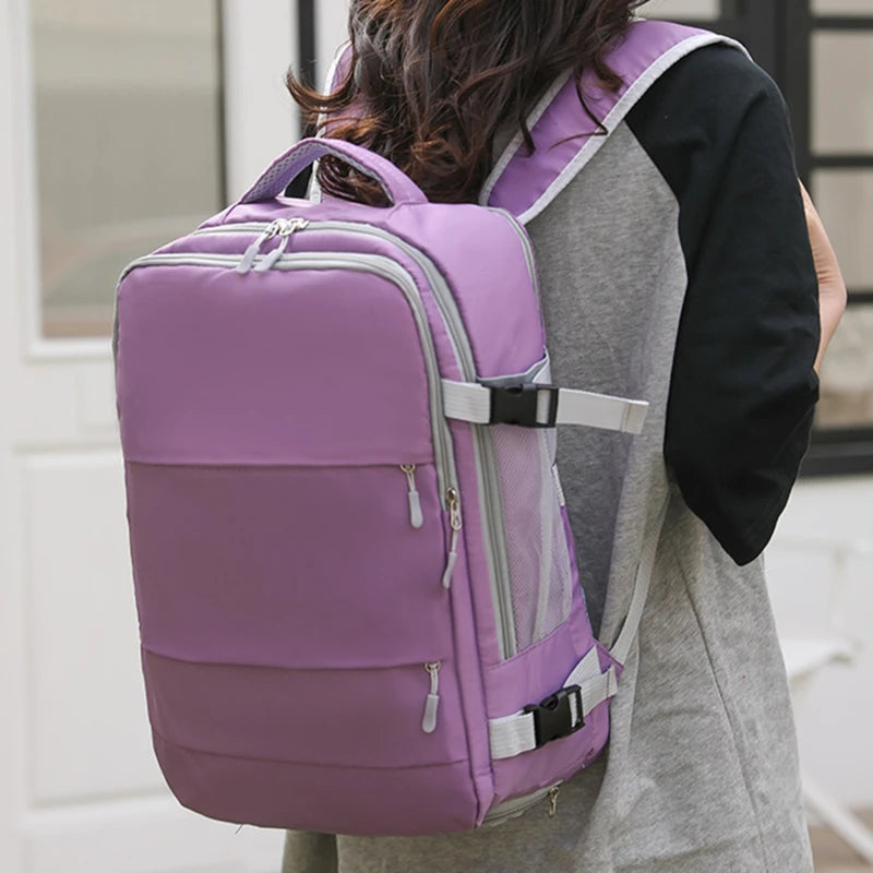 Mochila de viagem feminina, grande capacidade, à prova d'água, antifurto, casual, com alça de bagagem e porta de carregamento USB