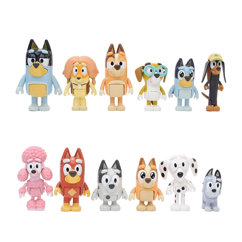 Conjunto de brinquedos modelo de PVC Bluey Bingo-Mini para crianças, boneca de articulações móveis, ornamentos de desenhos animados, feriados, presentes de Natal, brinquedos infantis, 8 peças, 12 peças