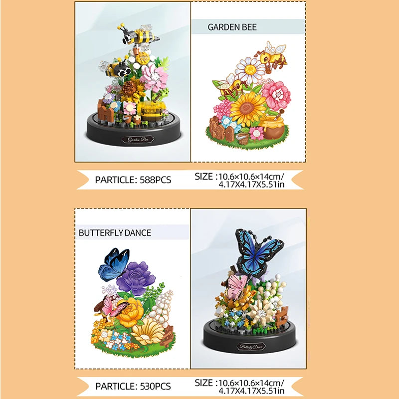 Blocos de Construção Bonsai para Crianças Abelha, Borboleta, Flor, Inseto, Planta, Tijolos Modelo em Vidro, Cobertura Contra Poeira, Brinquedo DIY, Presente de Natal