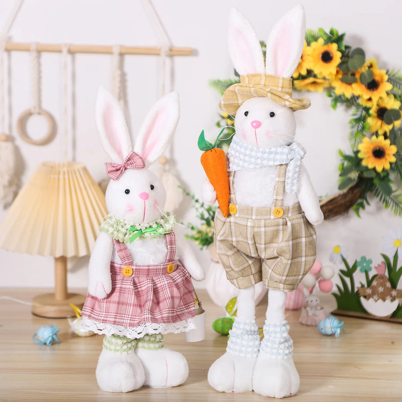 Coelho Decorativo de Páscoa – Pernas Retráteis, Estilo Cartoon, Casal de Coelhinhos com Roupas