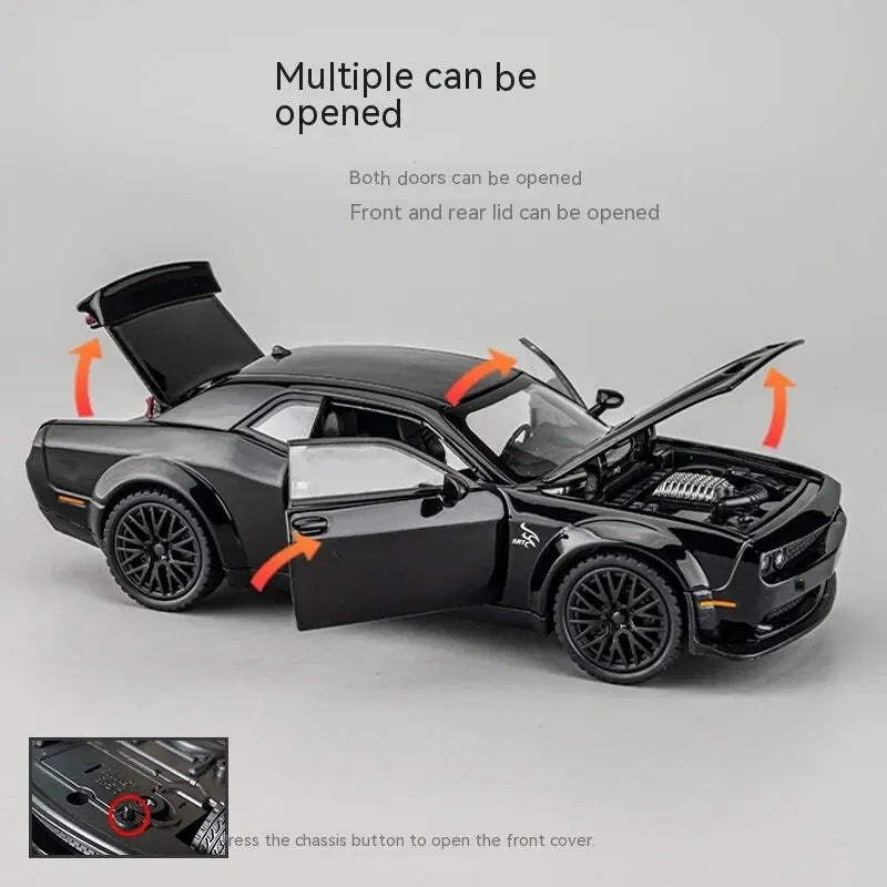 Carro de brinquedo Dodge Challenger em metal fundido, Hellcat Modelo, Pull Back, Som e Luz, Escala 1:32