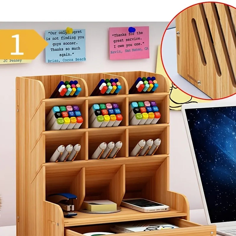 Organizador de mesa de madeira multi-funcional  caneta titular caixa de armazenamento desktop rack de armazenamento estacionário para escritório em casa e escola