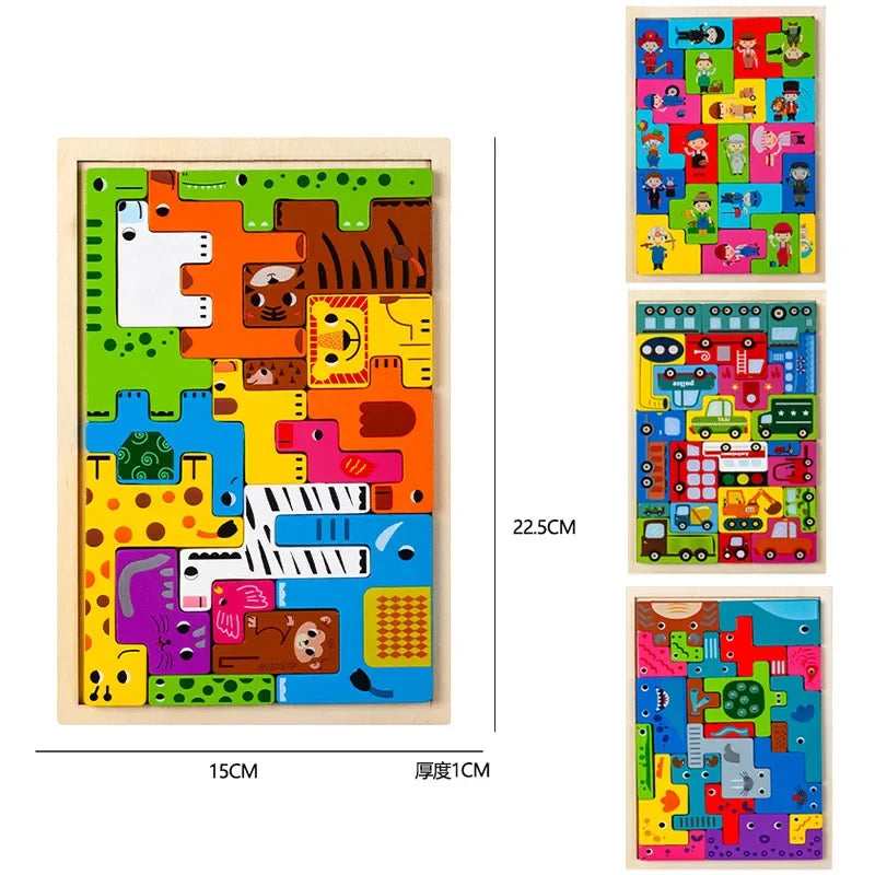 Jogo de madeira Tangram Math Cube para crianças, 3D Cartoon Puzzle, formas de imaginação, brinquedo educativo para crianças, pré-escolar, novo