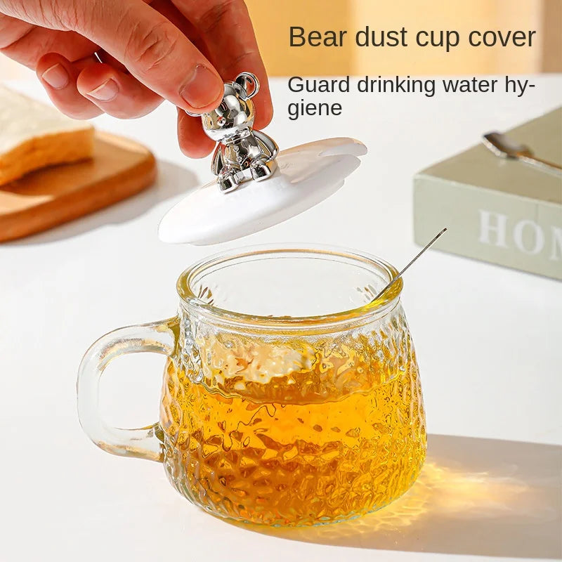Copo De Café De Vidro Com Alça E Tampa, Decoração de Urso, Simples Estilo, Copo De Café Da Manhã, Copo De Chá Transparente