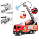 Caminhão de bombeiros fundido de metal, caminhão de bombeiros de brinquedo com pulverização de água com som e luz simulados, resgate retrátil