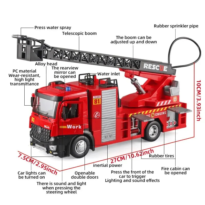 Caminhão de bombeiros fundido de metal, caminhão de bombeiros de brinquedo com pulverização de água com som e luz simulados, resgate retrátil
