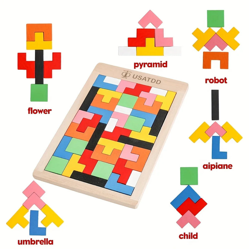 Quebra-Cabeça de Blocos em Madeira – Tangram Colorido e Educativo para Crianças e Bebês