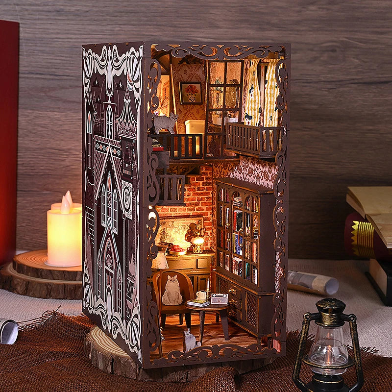 Casa de bonecas em miniatura com luz LED, Modelo 3D, Miniatura decorativa de madeira para estantes, Presente de aniversário
