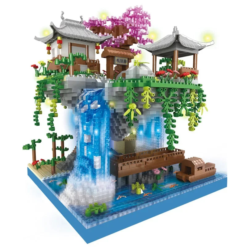 Brinquedo de montagem de bloco de construção feminino, flor de pêssego, lagoa, castelo, infantil, arquitetura antiga, alta dificuldade