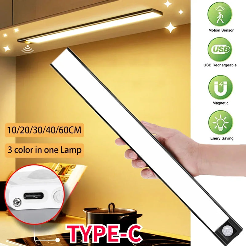 Luz noturna LED sem fio com sensor de movimento, Lâmpada para Armário, USB, 20 cm, 30 cm, 40 cm, 60cm