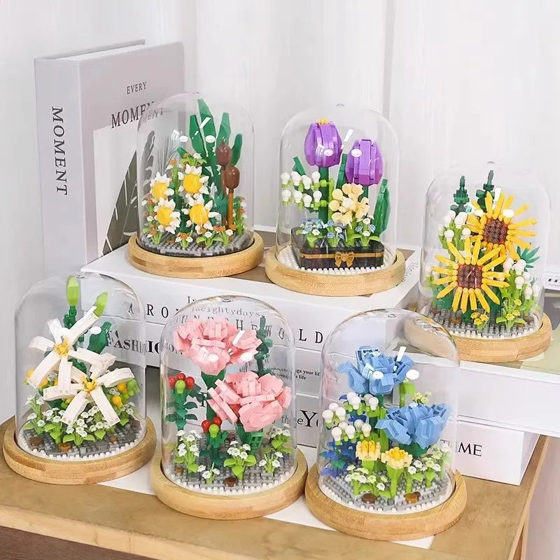 Bloco eterno buquê de montagem de flores, decoração de mesa, bloco de flores, quebra-cabeça infantil, buquê de brinquedo