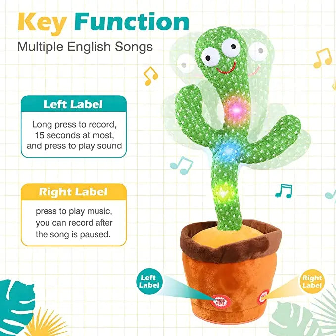 Recarregável Cacto Dançante e Falante, Captus Dançante Brilhante, Registro USB, Peixe Swing, Parlanchin Espanhol, Brinquedo para Bebê